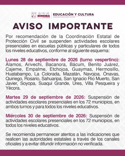 Recomienda Protección Civil suspender clases para turno vespertino ante pronóstico de lluvias: SEC