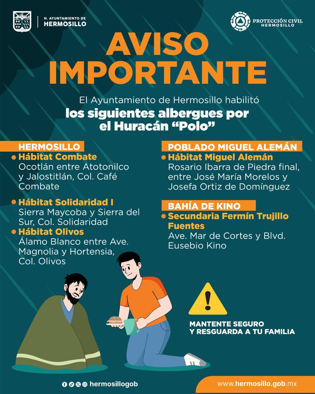 Reitera Ayuntamiento de Hermosillo disposición de albergues por efectos del huracán “Polo”