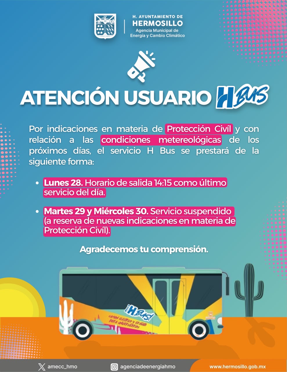 Ajusta H Bus servicio a estudiantes como medida preventiva por huracán “Polo”